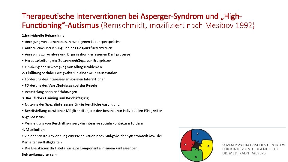 Therapeutische Interventionen bei Asperger-Syndrom und „High. Functioning“-Autismus (Remschmidt, mozifiziert nach Mesibov 1992) 1. Individuelle