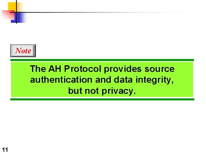 Note The AH Protocol provides source authentication and data integrity, but not privacy. 11 Note The AH Protocol provides source authentication and data integrity, but not privacy. 11