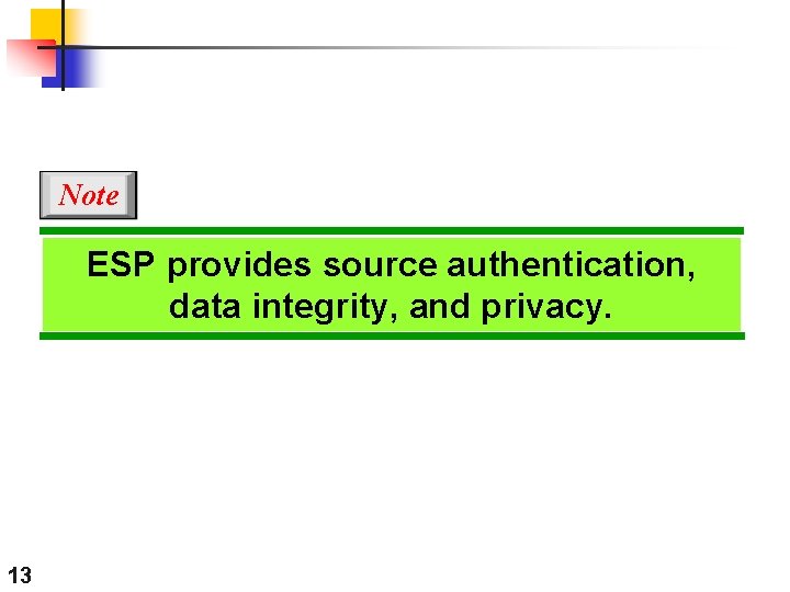 Note ESP provides source authentication, data integrity, and privacy. 13 Note ESP provides source authentication, data integrity, and privacy. 13
