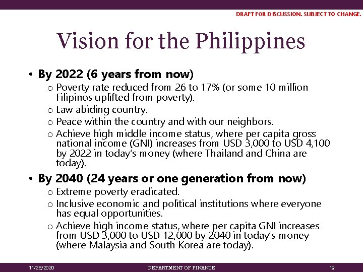 DRAFT FOR DISCUSSION. SUBJECT TO CHANGE. Vision for the Philippines • By 2022 (6