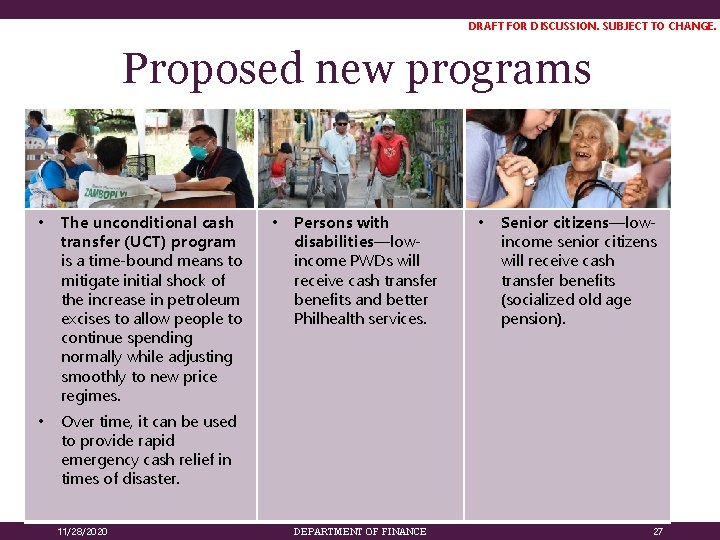 DRAFT FOR DISCUSSION. SUBJECT TO CHANGE. Proposed new programs • The unconditional cash transfer