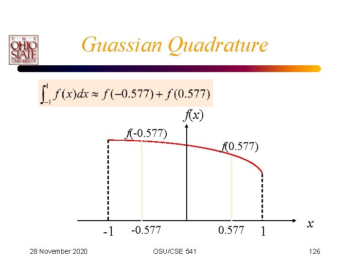 Guassian Quadrature f(x) f(-0. 577) -1 28 November 2020 -0. 577 OSU/CSE 541 f(0.
