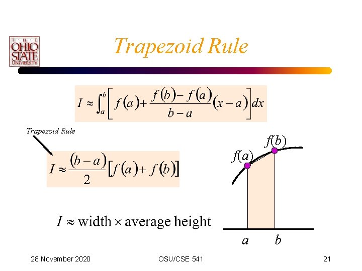 Trapezoid Rule f(a) a 28 November 2020 OSU/CSE 541 f(b) b 21 