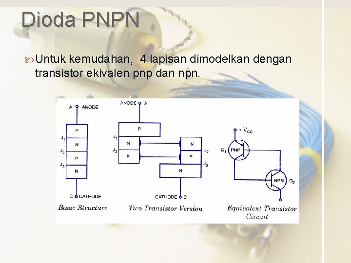 Dioda PNPN Untuk kemudahan, 4 lapisan dimodelkan dengan transistor ekivalen pnp dan npn. 
