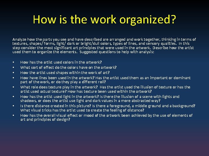 How is the work organized? Analyze how the parts you see and have described
