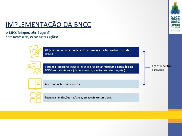 IMPLEMENTAÇÃO DA BNCC foi aprovada. E agora? Será necessário, entre outras ações: (Re)elaborar o