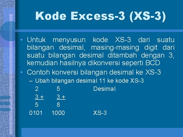 Kode Excess-3 (XS-3) • Untuk menyusun kode XS-3 dari suatu bilangan desimal, masing-masing digit