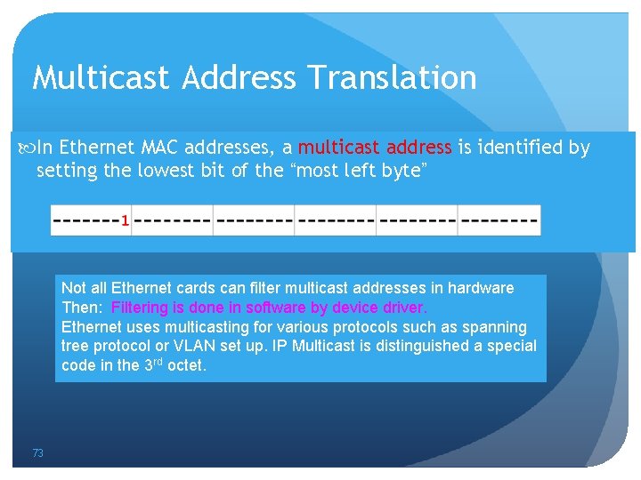 Multicast Address Translation In Ethernet MAC addresses, a multicast address is identified by setting