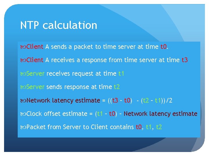 NTP calculation Client A sends a packet to time server at time t 0.