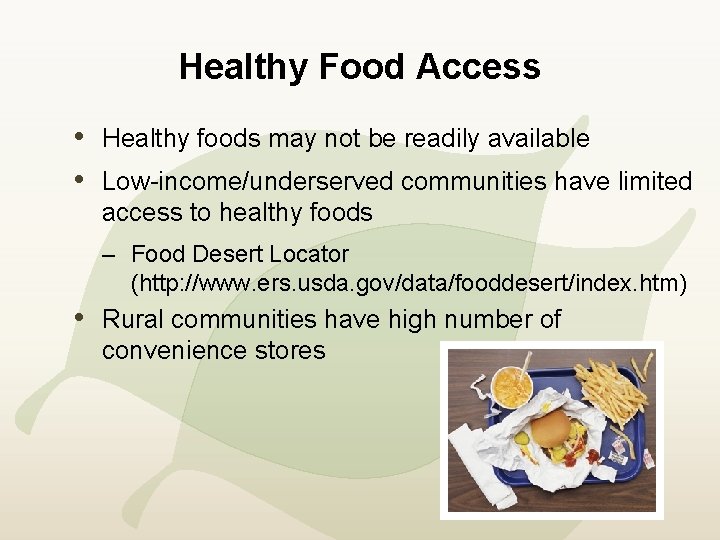 Healthy Food Access • Healthy foods may not be readily available • Low-income/underserved communities