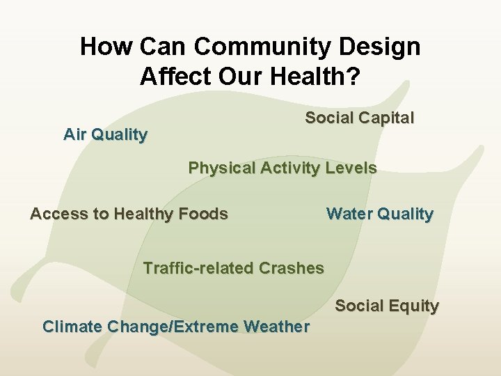 How Can Community Design Affect Our Health? Social Capital Air Quality Physical Activity Levels