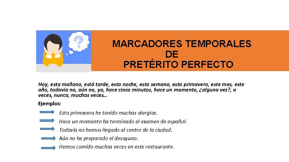 MARCADORES TEMPORALES DE PRETÉRITO PERFECTO Hoy, esta mañana, está tarde, esta noche, esta semana,