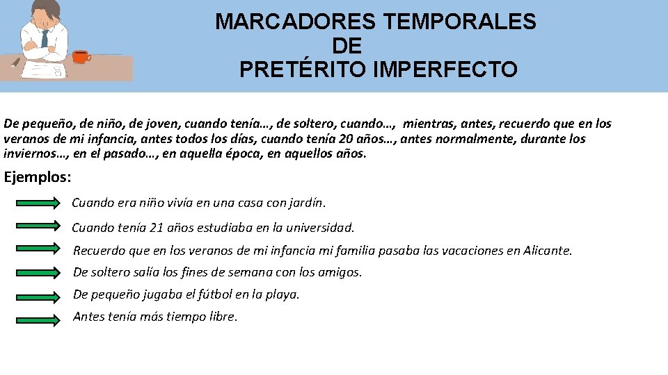 MARCADORES TEMPORALES DE PRETÉRITO IMPERFECTO De pequeño, de niño, de joven, cuando tenía…, de