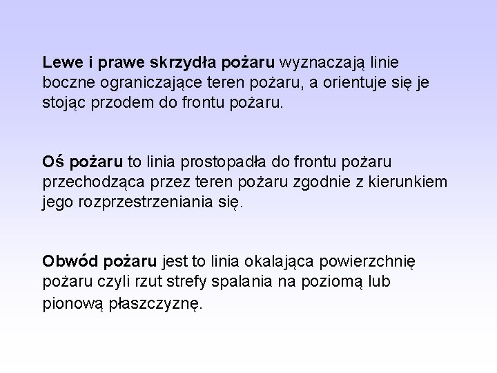 Lewe i prawe skrzydła pożaru wyznaczają linie boczne ograniczające teren pożaru, a orientuje się