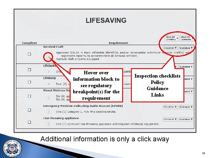 Hover information block to see regulatory breakpoint(s) for the requirement Inspection checklists Policy Guidance