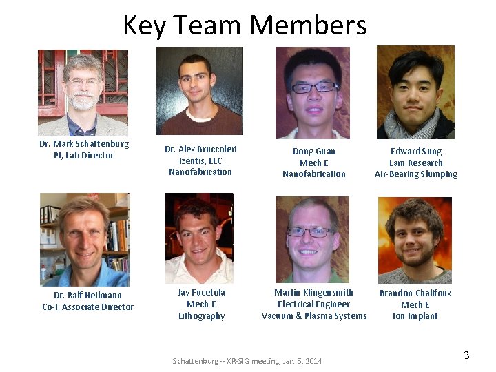 Key Team Members Dr. Mark Schattenburg PI, Lab Director Dr. Ralf Heilmann Co-I, Associate Key Team Members Dr. Mark Schattenburg PI, Lab Director Dr. Ralf Heilmann Co-I, Associate