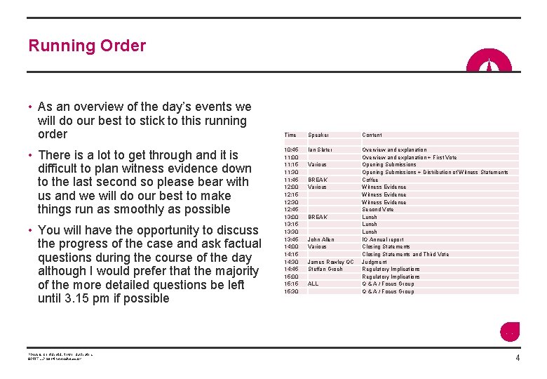 Running Order • As an overview of the day’s events we will do our