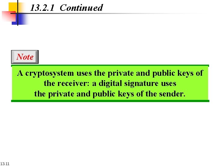 13. 2. 1 Continued Note A cryptosystem uses the private and public keys of