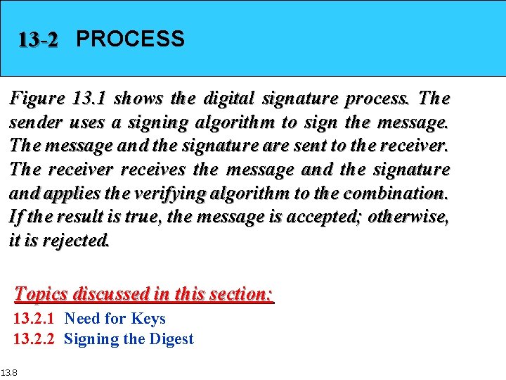 13 -2 PROCESS Figure 13. 1 shows the digital signature process. The sender uses