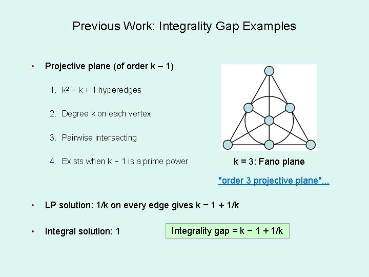 Previous Work: Integrality Gap Examples • Projective plane (of order k – 1) 1.