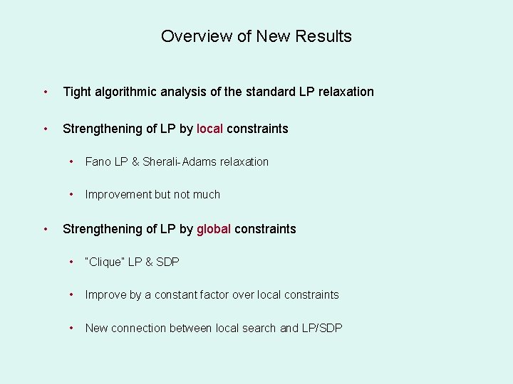 Overview of New Results • Tight algorithmic analysis of the standard LP relaxation •