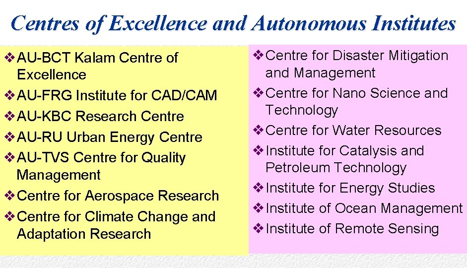 Centres of Excellence and Autonomous Institutes v. AU-BCT Kalam Centre of Excellence v. AU-FRG