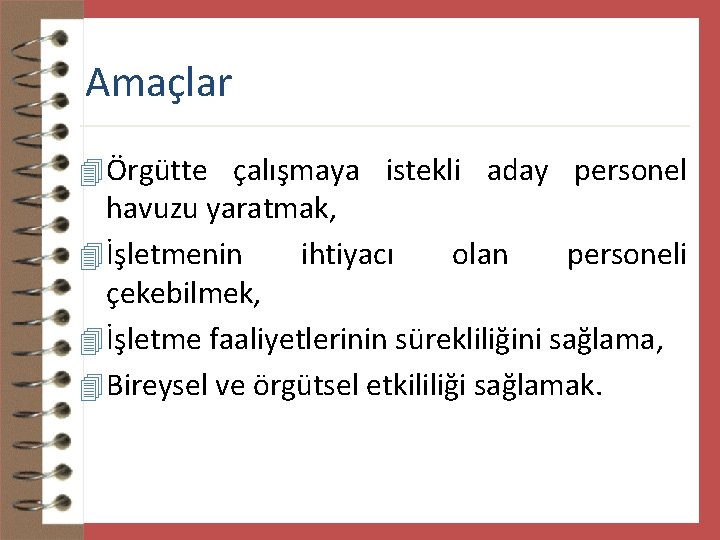 Amaçlar 4 Örgütte çalışmaya istekli aday personel havuzu yaratmak, 4 İşletmenin ihtiyacı olan personeli