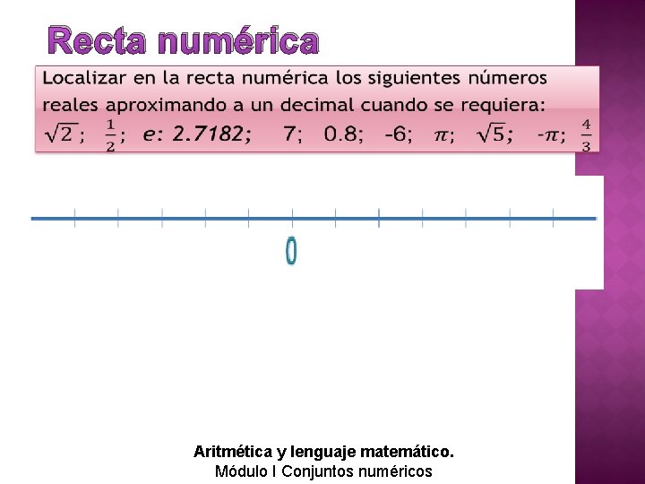 Recta numérica Aritmética y lenguaje matemático. Módulo I Conjuntos numéricos Recta numérica Aritmética y lenguaje matemático. Módulo I Conjuntos numéricos