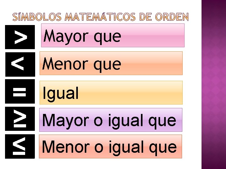 > < = ≥ ≤ Mayor que Menor que Igual Mayor o igual que > < = ≥ ≤ Mayor que Menor que Igual Mayor o igual que