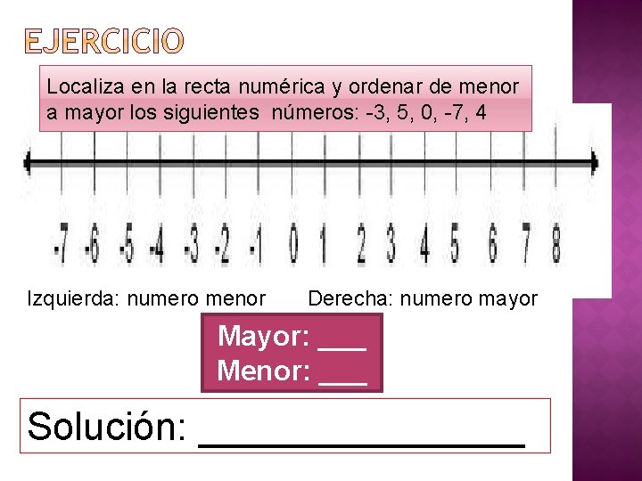 Localiza en la recta numérica y ordenar de menor a mayor los siguientes números: Localiza en la recta numérica y ordenar de menor a mayor los siguientes números: