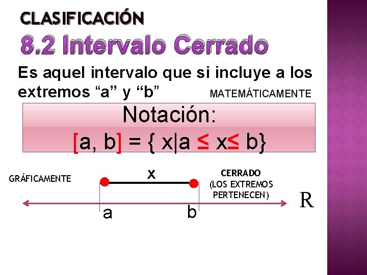 CLASIFICACIÓN 8. 2 Intervalo Cerrado Es aquel intervalo que si incluye a los extremos CLASIFICACIÓN 8. 2 Intervalo Cerrado Es aquel intervalo que si incluye a los extremos