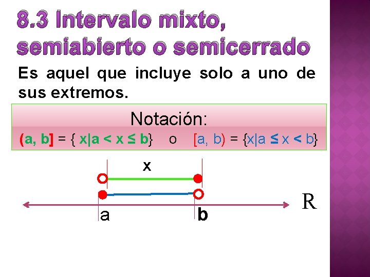 8. 3 Intervalo mixto, semiabierto o semicerrado Es aquel que incluye solo a uno 8. 3 Intervalo mixto, semiabierto o semicerrado Es aquel que incluye solo a uno