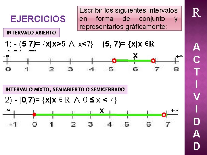 EJERCICIOS INTERVALO ABIERTO Escribir los siguientes intervalos en forma de conjunto y representarlos gráficamente: EJERCICIOS INTERVALO ABIERTO Escribir los siguientes intervalos en forma de conjunto y representarlos gráficamente: