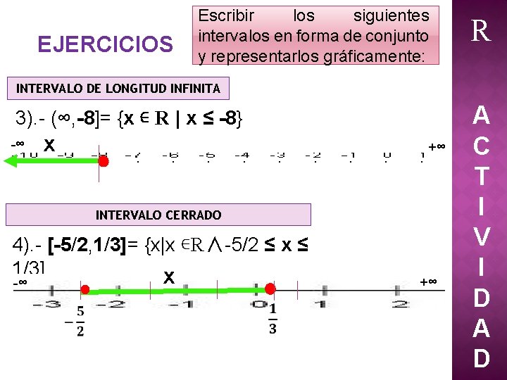 EJERCICIOS Escribir los siguientes intervalos en forma de conjunto y representarlos gráficamente: R INTERVALO EJERCICIOS Escribir los siguientes intervalos en forma de conjunto y representarlos gráficamente: R INTERVALO
