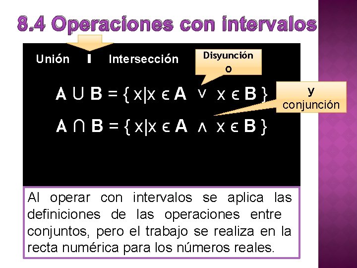 8. 4 Operaciones con intervalos Unión ∎ Intersección Disyunción o A U B = 8. 4 Operaciones con intervalos Unión ∎ Intersección Disyunción o A U B =