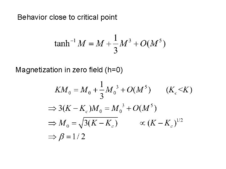 Behavior close to critical point Magnetization in zero field (h=0) 