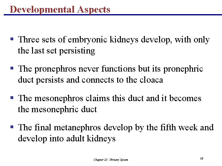 Developmental Aspects § Three sets of embryonic kidneys develop, with only the last set