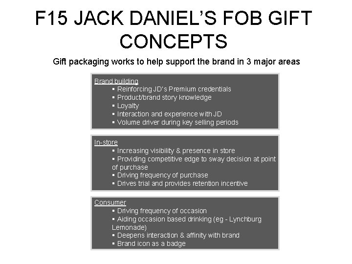 F 15 JACK DANIEL’S FOB GIFT CONCEPTS Gift packaging works to help support the