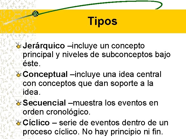 Tipos Jerárquico –incluye un concepto principal y niveles de subconceptos bajo éste. Conceptual –incluye