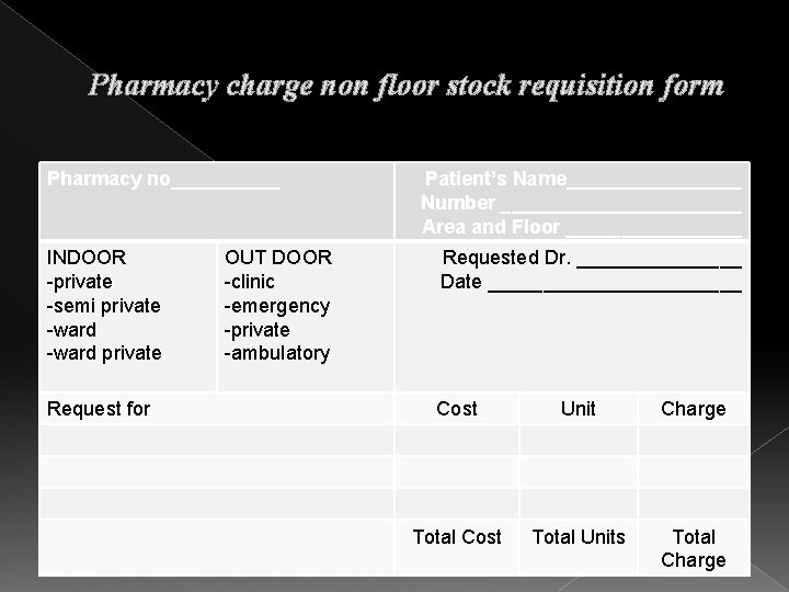 Pharmacy charge non floor stock requisition form Pharmacy no_____ INDOOR -private -semi private -ward