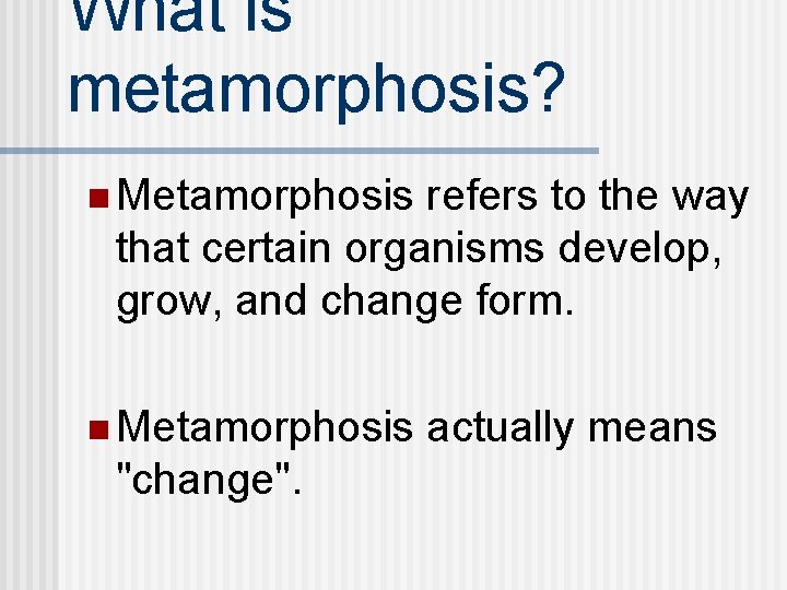 What is metamorphosis? n Metamorphosis refers to the way that certain organisms develop, grow,