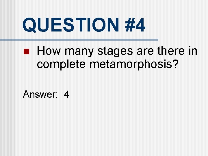 QUESTION #4 n How many stages are there in complete metamorphosis? Answer: 4 