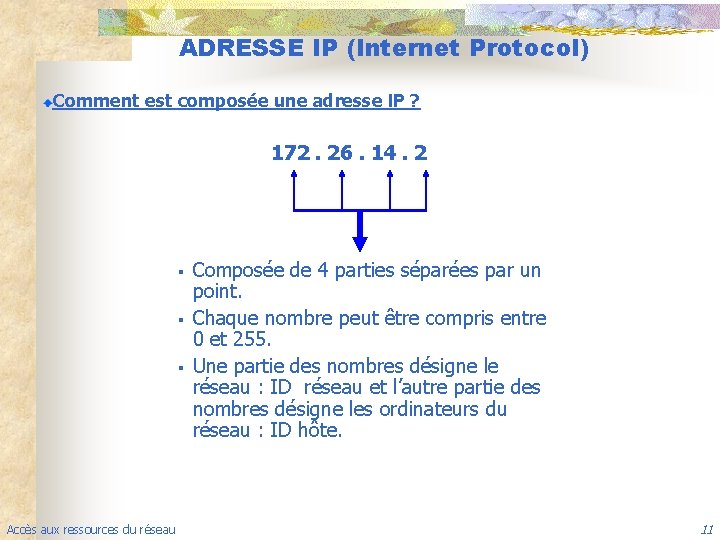 ADRESSE IP (Internet Protocol) Comment est composée une adresse IP ? 172. 26. 14.