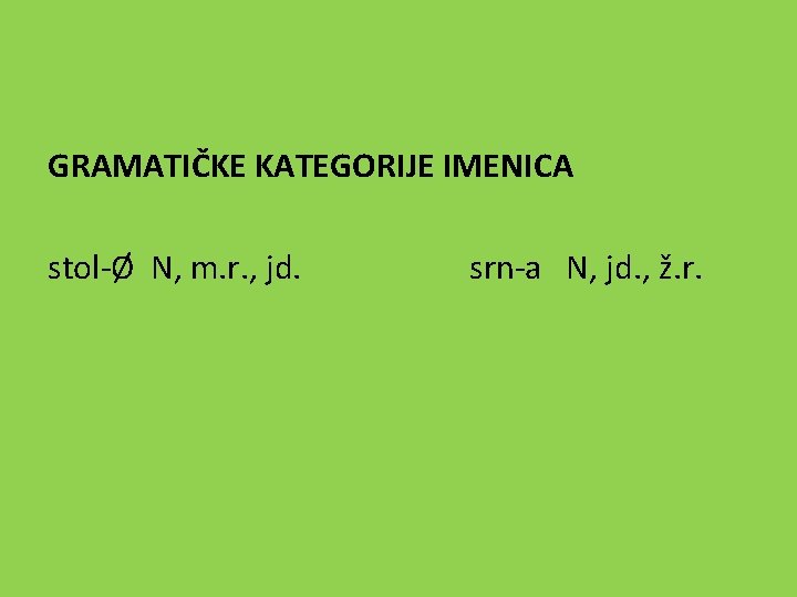 GRAMATIČKE KATEGORIJE IMENICA stol-Ø N, m. r. , jd. srn-a N, jd. , ž.