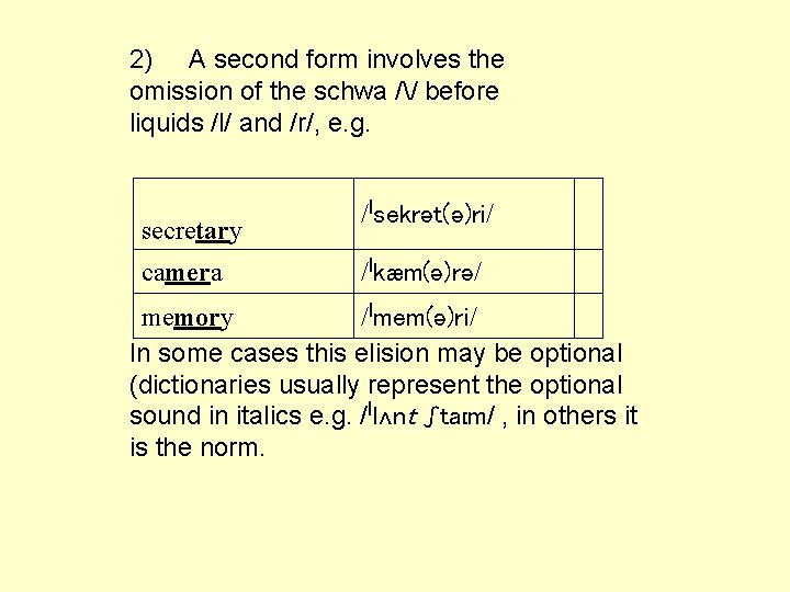 2) A second form involves the omission of the schwa // before liquids /l/