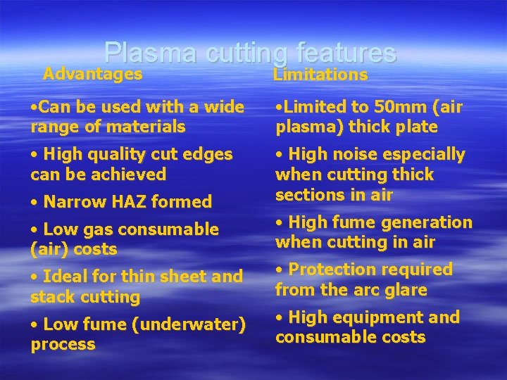 Plasma cutting features Advantages Limitations • Can be used with a wide range of