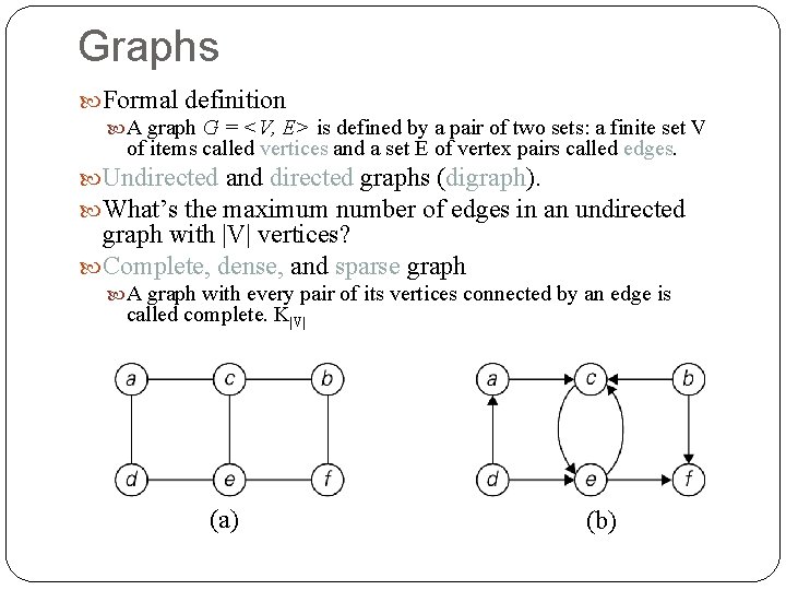 Graphs Formal definition A graph G = <V, E> is defined by a pair