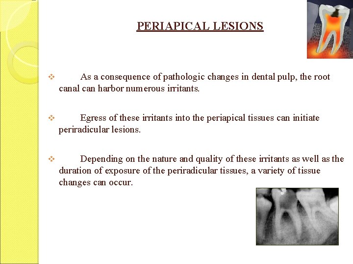 PERIAPICAL LESIONS v As a consequence of pathologic changes in dental pulp, the root