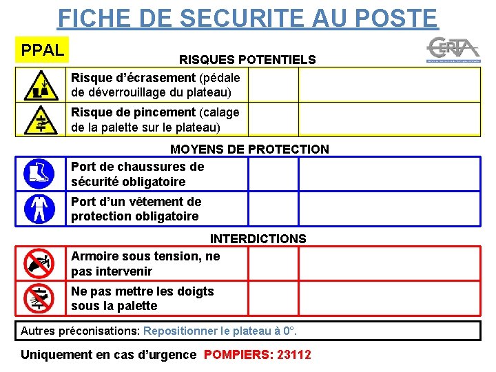 FICHE DE SECURITE AU POSTE PPAL RISQUES POTENTIELS Risque d’écrasement (pédale de déverrouillage du