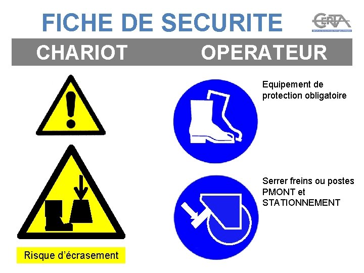 FICHE DE SECURITE CHARIOT OPERATEUR Equipement de protection obligatoire Serrer freins ou postes PMONT